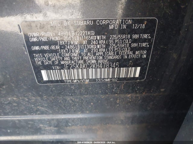Subaru naturally aspirated u5 2019 JF2SKAKC2KH478345 Image 9
