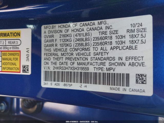 2HKRS3H7XSH319559 Honda Cr-v Ex-l 2wd