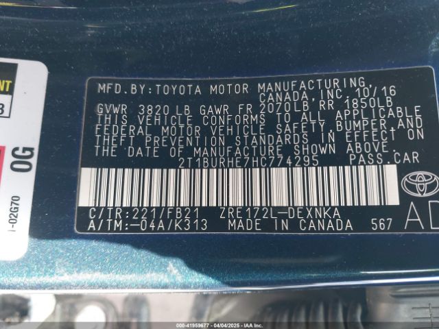 2T1BURHE7HC774295 Toyota COROLLA LE