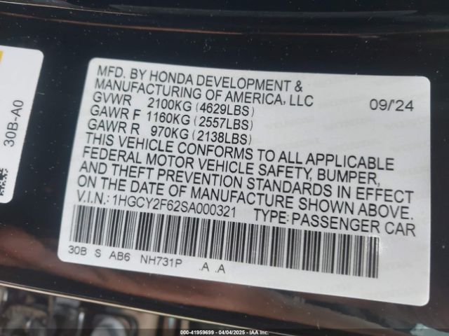 1HGCY2F62SA000321 Honda Accord Hybrid Ex-l