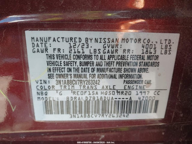 3N1AB8CV7RY263242 Nissan Sentra Sv Xtronic Cvt
