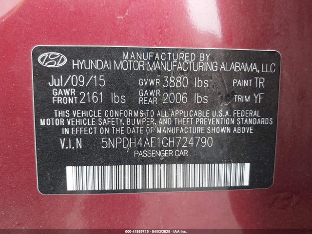 5NPDH4AE1GH724790 Hyundai ELANTRA SE