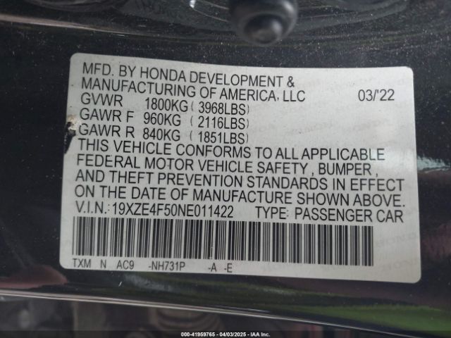 19XZE4F50NE011422 Honda INSIGHT EX
