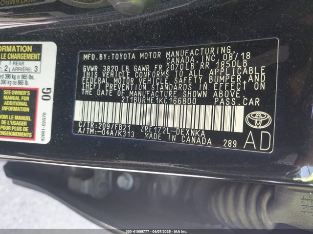 2T1BURHE1KC166800 Toyota COROLLA LE