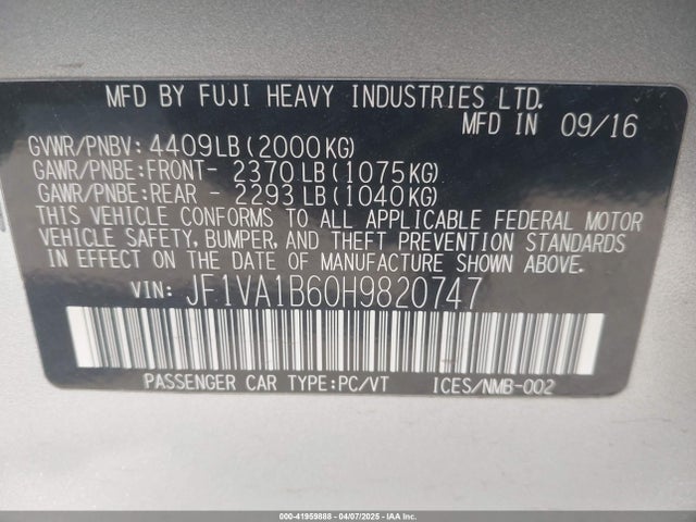 JF1VA1B60H9820747 Subaru WRX