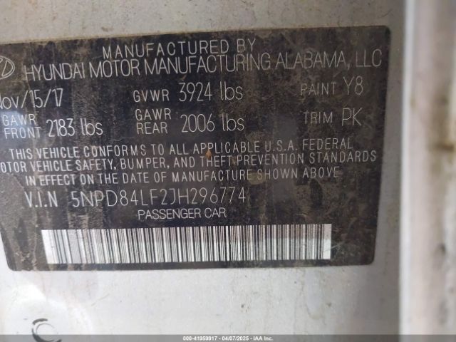 5NPD84LF2JH296774 Hyundai ELANTRA SEL