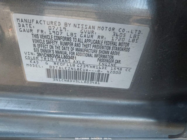 Nissan Versa S Xtronic Cvt 2020 3N1CN8DV5LL803481 Image 9