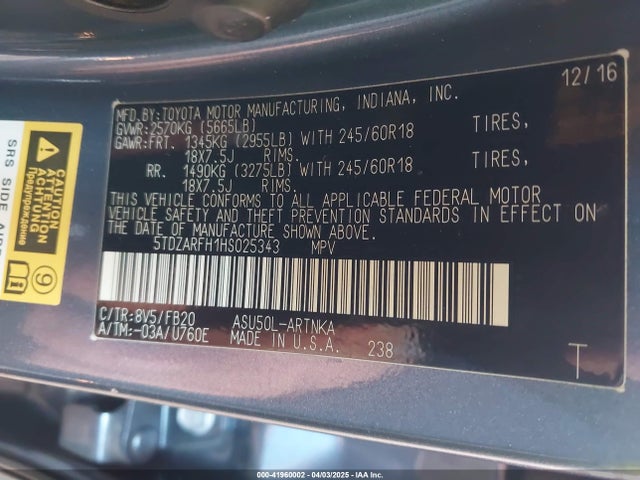 5TDZARFH1HS025343 Toyota Highlander Le