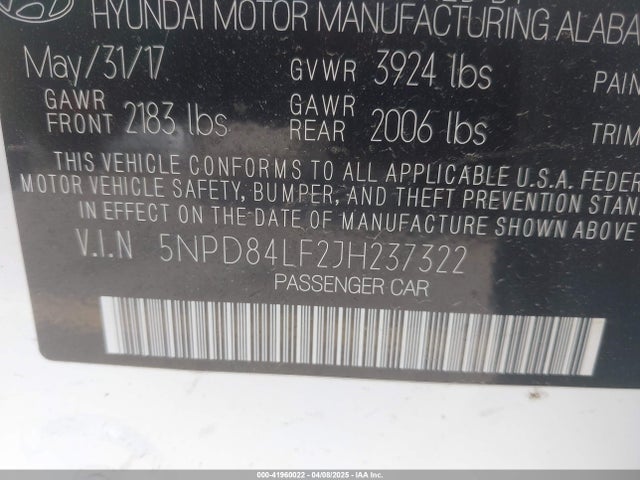 5NPD84LF2JH237322 Hyundai ELANTRA SEL