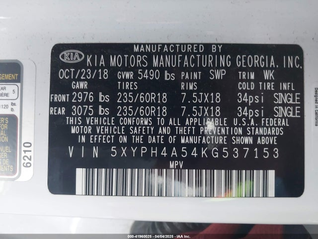 5XYPH4A54KG537153 KIA Sorento 3.3l Ex