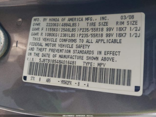 2008 ACURA RDX 5J8TB18548A016481 Photo 8