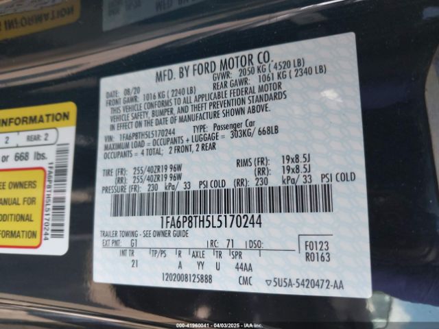1FA6P8TH5L5170244 Ford Mustang Ecoboost Fastback