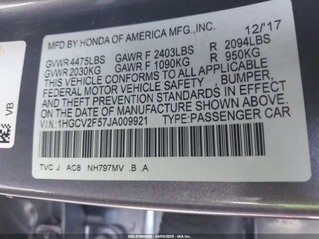 1HGCV2F57JA009921 Honda Accord Ex-l 2.0t