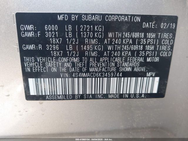 4S4WMACD6K3459744 Subaru Ascent