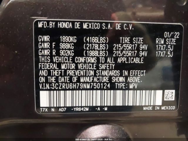 3CZRU6H79NM750124 Honda Hr-v Awd Ex-l