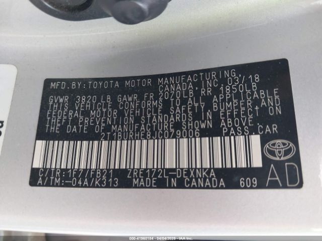 2T1BURHE8JC079006 Toyota COROLLA LE