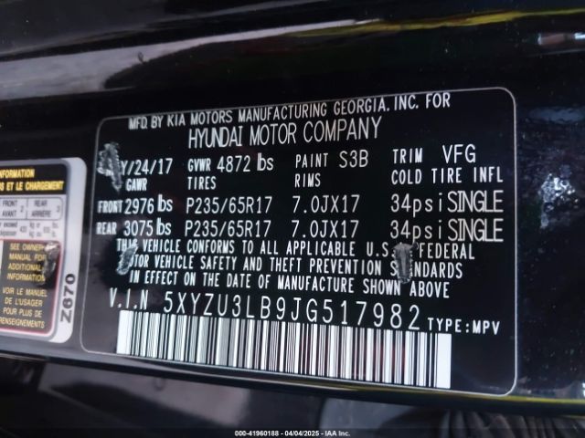 5XYZU3LB9JG517982 Hyundai Santa Fe Sport 2.4l