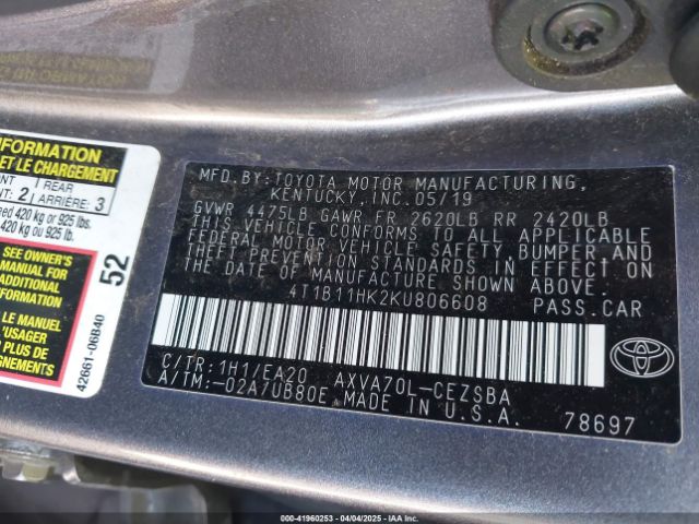 4T1B11HK2KU806608 Toyota CAMRY SE