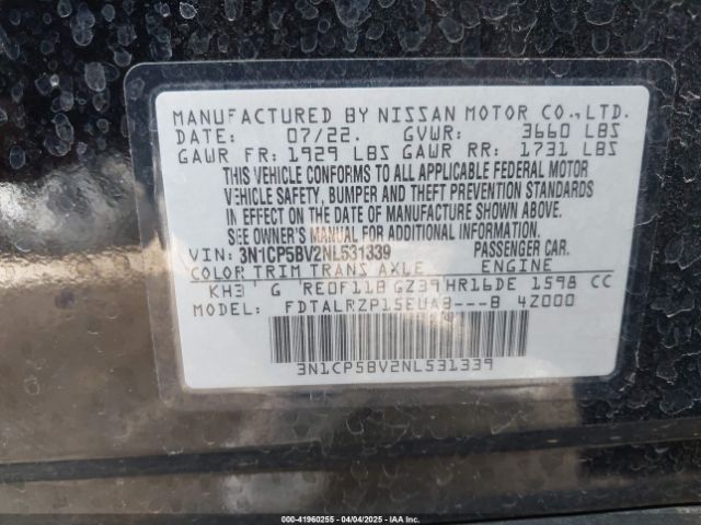 3N1CP5BV2NL531339 Nissan Kicks S Xtronic Cvt
