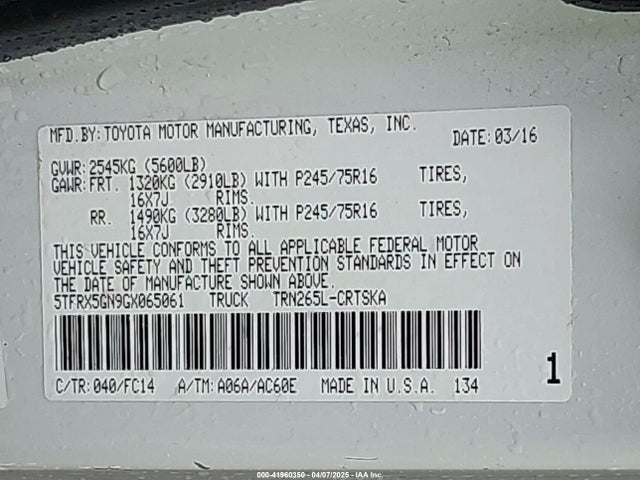 5TFRX5GN9GX065061 Toyota Tacoma Sr5