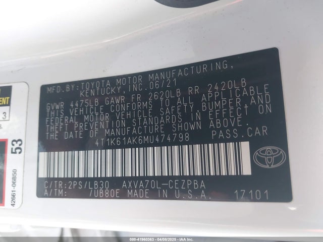 4T1K61AK6MU474798 Toyota CAMRY XSE