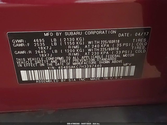 4S4BSAKC7H3397440 Subaru Outback 2.5i Limited