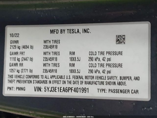 5YJ3E1EA6PF401991 Tesla Model 3 Rear-wheel Drive