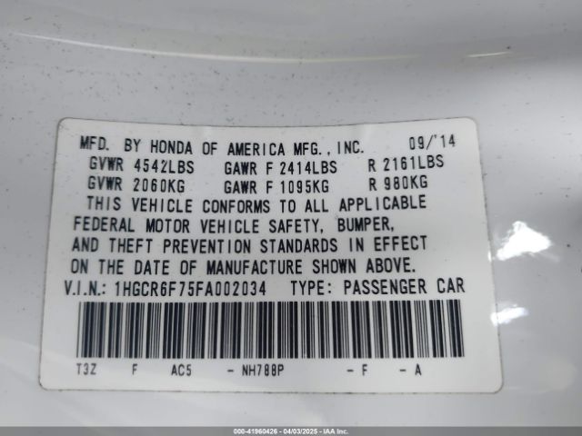 1HGCR6F75FA002034 Honda Accord Hybrid Touring