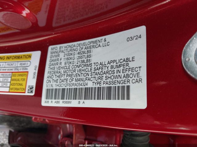 1HGCY2F60RA054324 Honda Accord Hybrid Ex-l