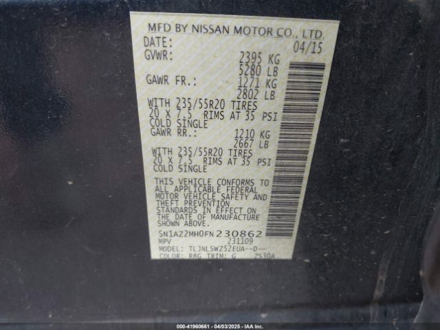 5N1AZ2MH0FN230862 Nissan Murano Platinum