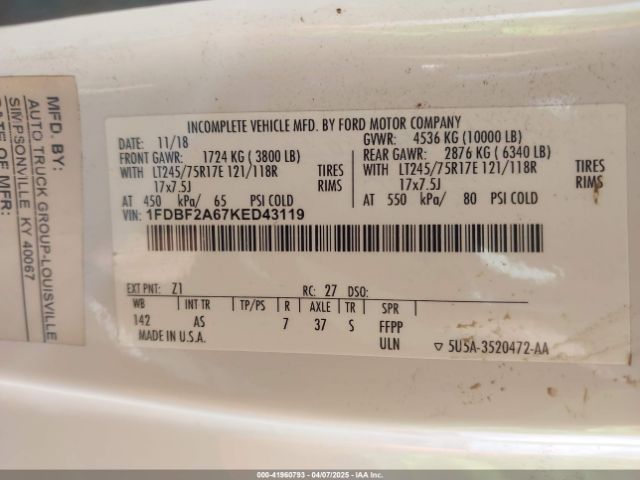 1FDBF2A67KED43119 Ford F-250 Xl