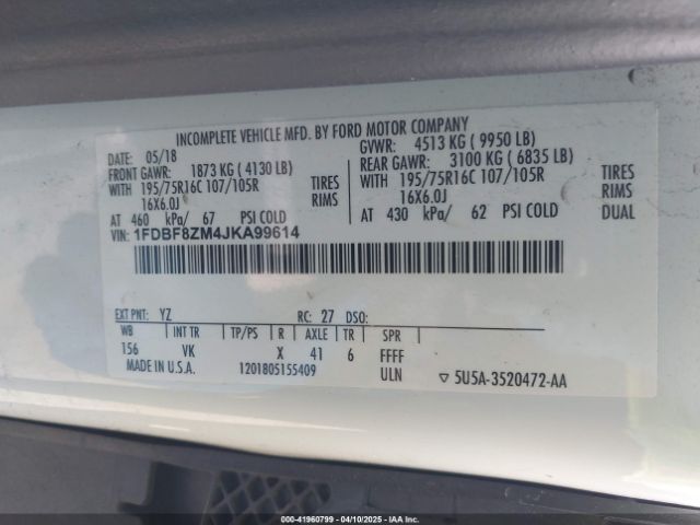 1FDBF8ZM4JKA99614 Ford Transit-350 Cab