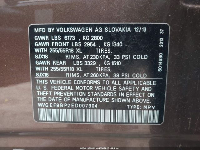 WVGEF9BP2ED007904 Volkswagen Touareg 3.6l Sport