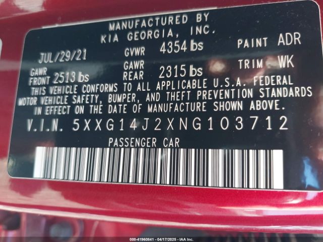 5XXG14J2XNG103712 KIA K5 LXS
