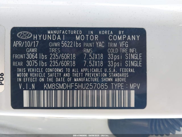 KM8SMDHF5HU257085 Hyundai Santa Fe Se