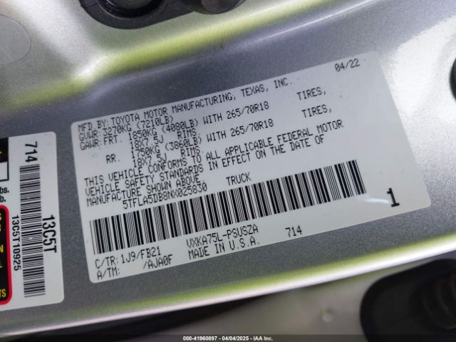 5TFLA5DB8NX025830 Toyota Tundra Sr5