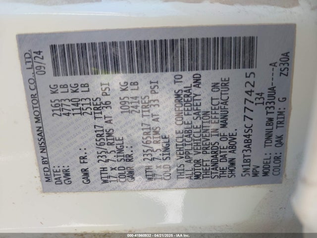 5N1BT3AB4SC777425 Nissan Rogue S Intelligent Awd