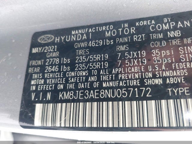 KM8JE3AE8NU057172 Hyundai Tucson Limited