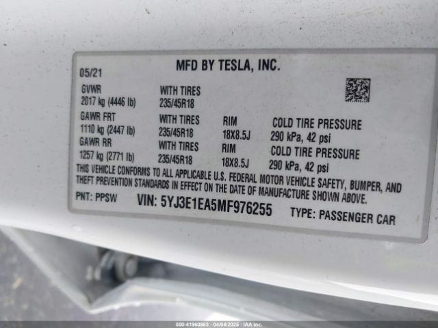 5YJ3E1EA5MF976255 Tesla Model 3 Standard Range Plus Rear-wheel Drive