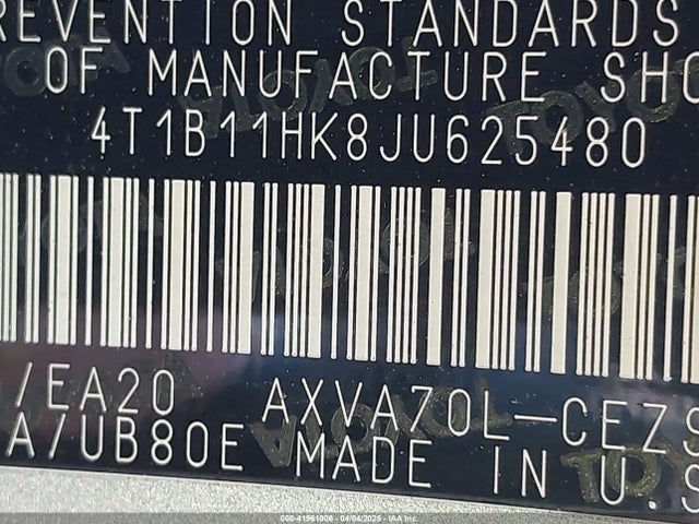 4T1B11HK8JU625480 Toyota CAMRY SE