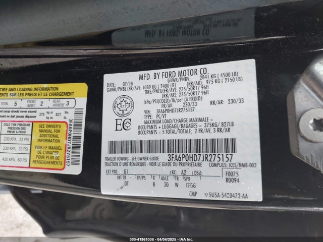 3FA6P0HD7JR275157 Ford FUSION SE