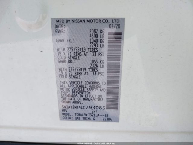 5N1AT2MT4LC793085 Nissan Rogue Sl Fwd