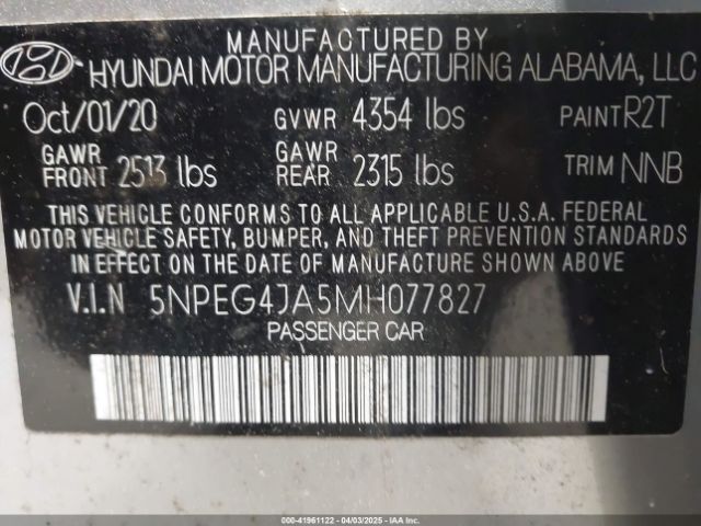 5NPEG4JA5MH077827 Hyundai SONATA SE