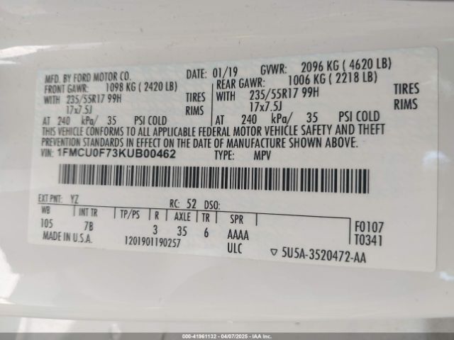 1FMCU0F73KUB00462 Ford ESCAPE S