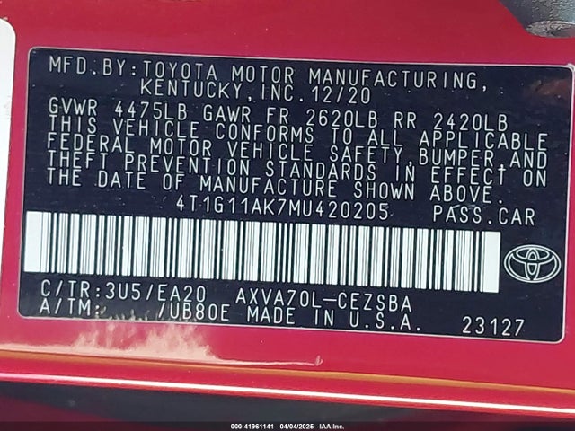 4T1G11AK7MU420205 Toyota CAMRY SE