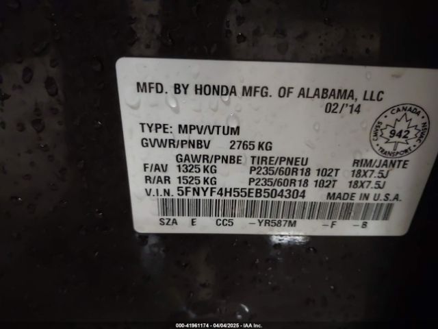5FNYF4H55EB504304 Honda Pilot Ex-l