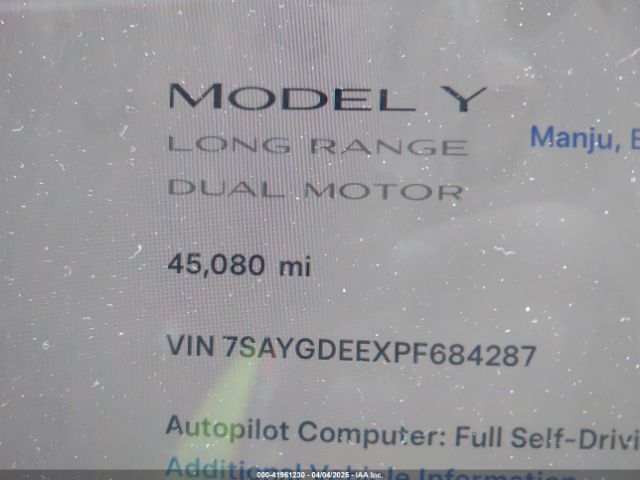 7SAYGDEEXPF684287 Tesla Model Y Awd/long Range Dual Motor All-wheel Drive