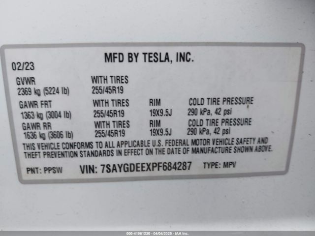 7SAYGDEEXPF684287 Tesla Model Y Awd/long Range Dual Motor All-wheel Drive