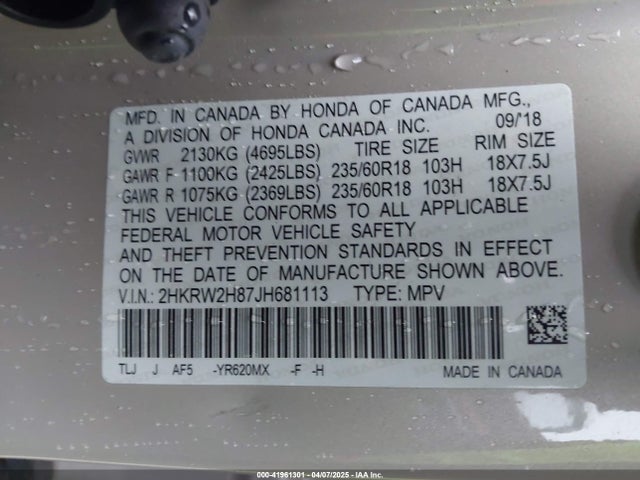 2HKRW2H87JH681113 Honda Cr-v Ex-l/ex-l Navi