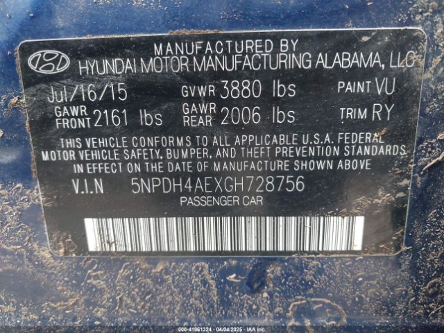 5NPDH4AEXGH728756 Hyundai Elantra Value Edition